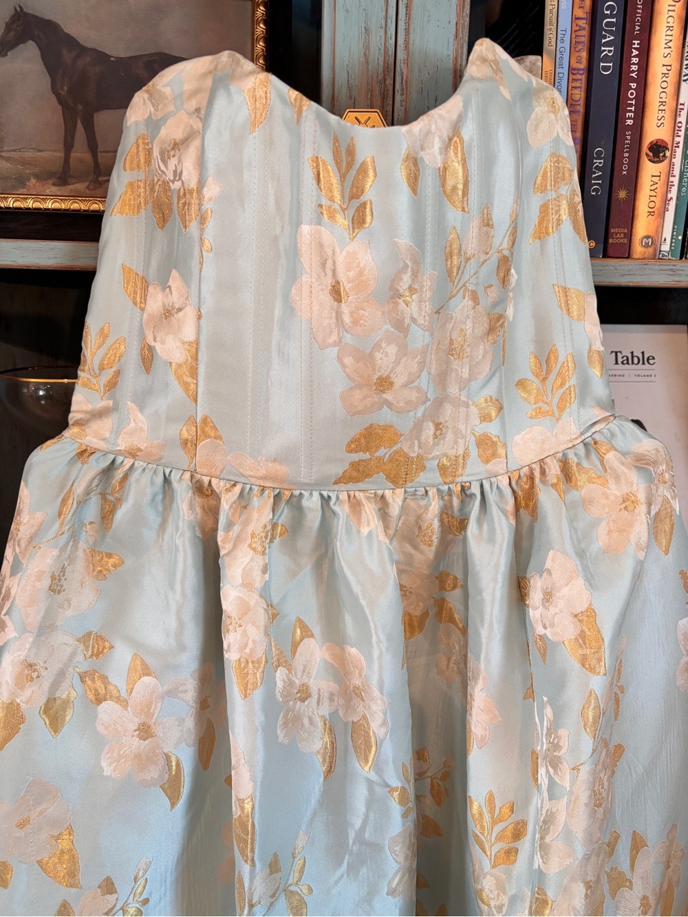 Strapless Light Blue & Gold Floral Sweetheart Maxi Dress - Picture 16 of 16